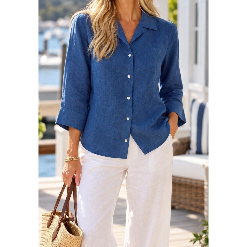 Lauren Ralph Lauren Women 100% Linen Herringbone Button Down Shirt Size L Navy
